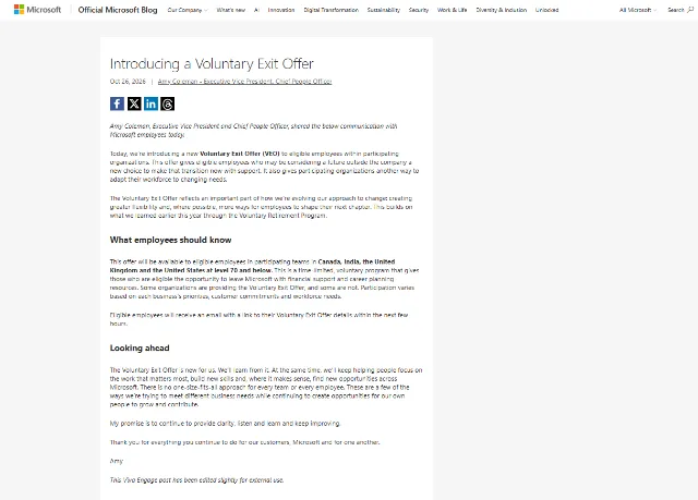 Microsoft triển khai chương trình nghỉ việc tự nguyện mang tên Voluntary Exit Offer (VEO)